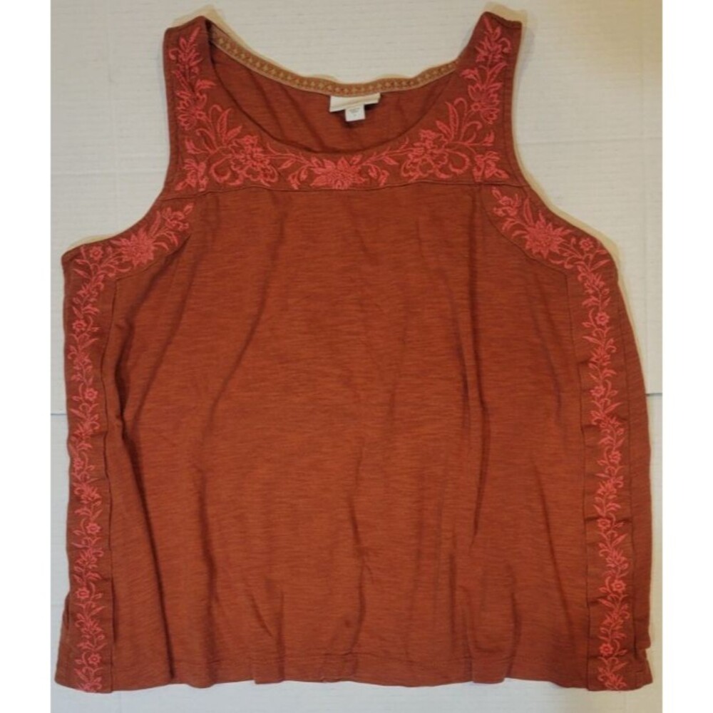 J. Jill Tank Top Large Pink Floral Embroidered Burnt Orange Cottagecore Boho